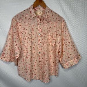 Papinelle Pastel Pink Floral ¾ Sleeve Button-Up Top Size Small Cotton Blouse
